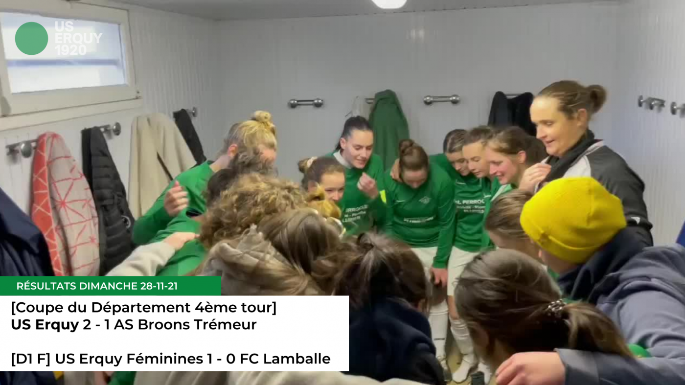 Coupe du Département - 4ème tour
✅ US Erquy 2 - 1 AS Broons Trémeur (D1)
👉⚽️ Benjamin FROC + Kieran HUET

D1 Féminines - 1ère journée (en retard) :
✅ US Erquy Féminines 1 - 0 FC Lamballe
👉⚽️ Tiphaine BRINGAULT