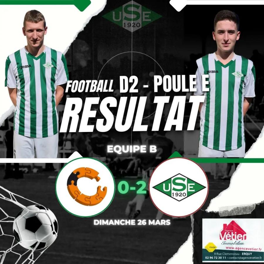 D2 Poule E - 16ème journée :
✅️  Saint Brieuc Croix Saint-Lambert 0 - 2 US Erquy B
👉⚽Benjamin FROC + ⚽Marc Antoine DESCEUL