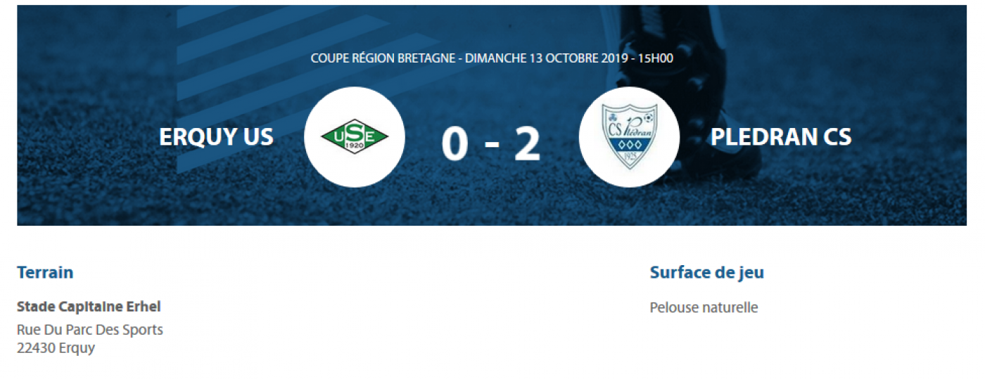[Coupe de Bretagne - 4ème tour] US Erquy 0 - 2 CS Plédran